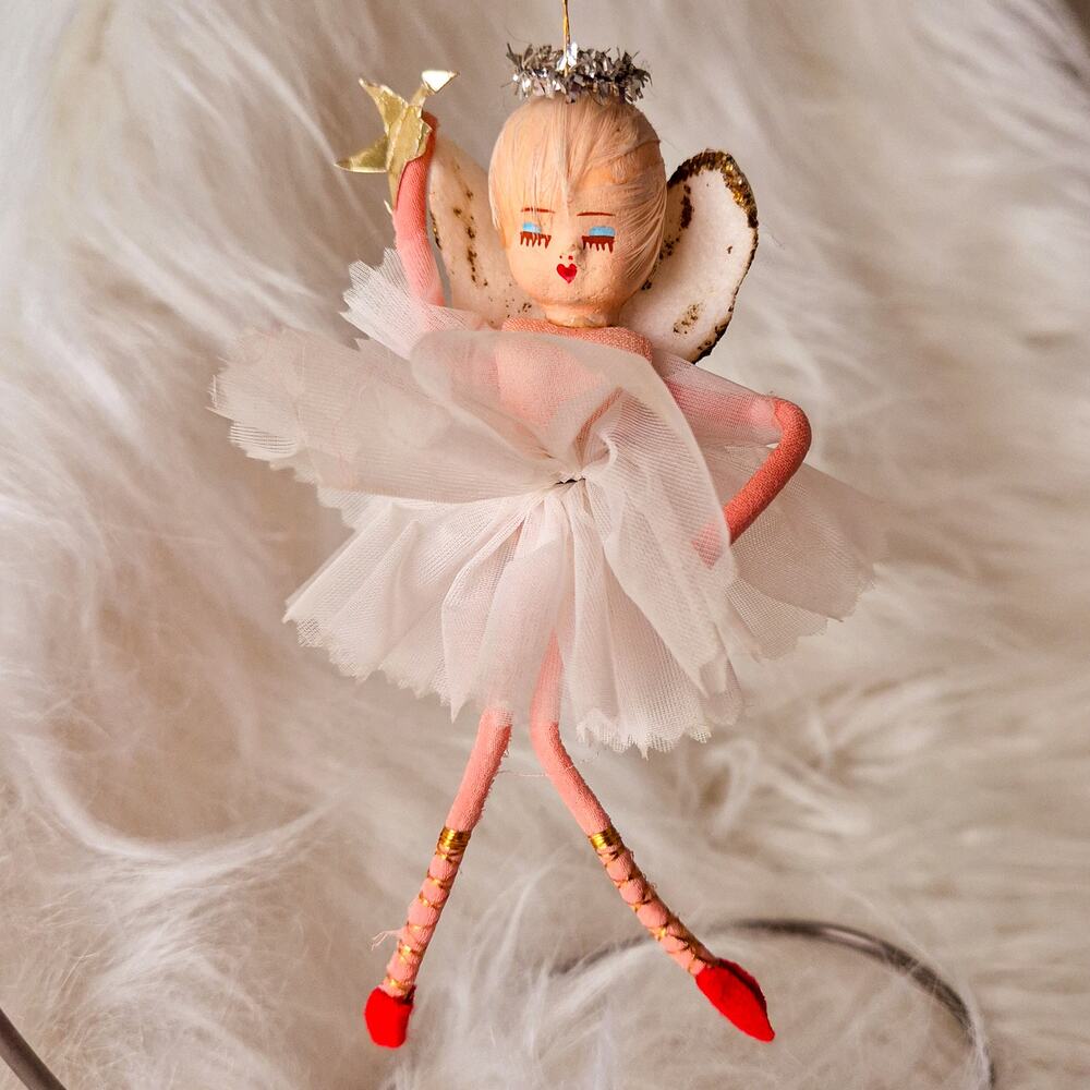 Vintage Ballerina Angel Fairy Christmas Ornament Pink Tulle Tutu Wings Poseable